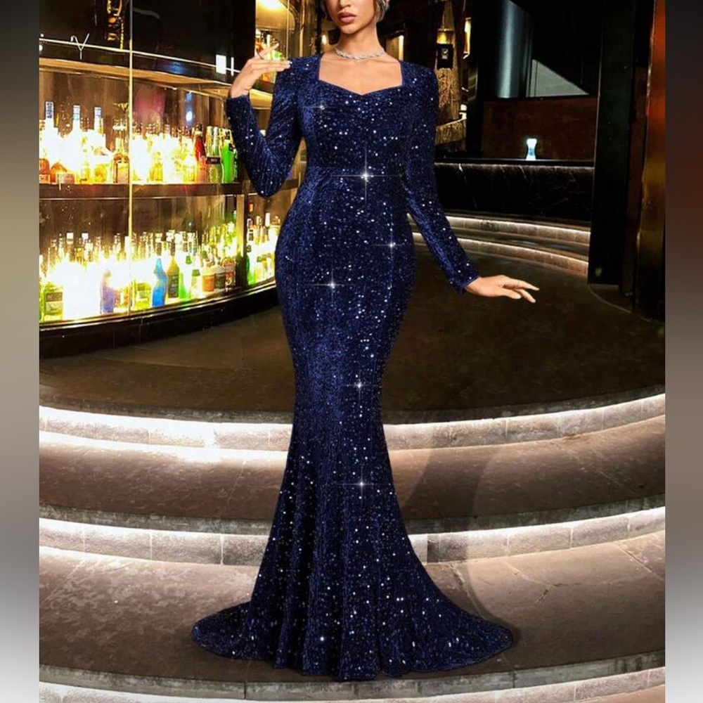 Elegant Blue Sequin Evening Gown